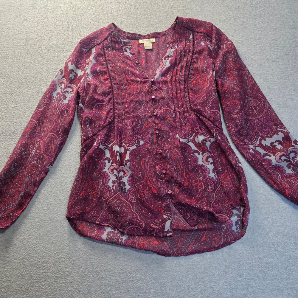 Lucky Brand Paisley Tunic Blouse Womens Small Burgundy Pintuck Boho Long Sleeve